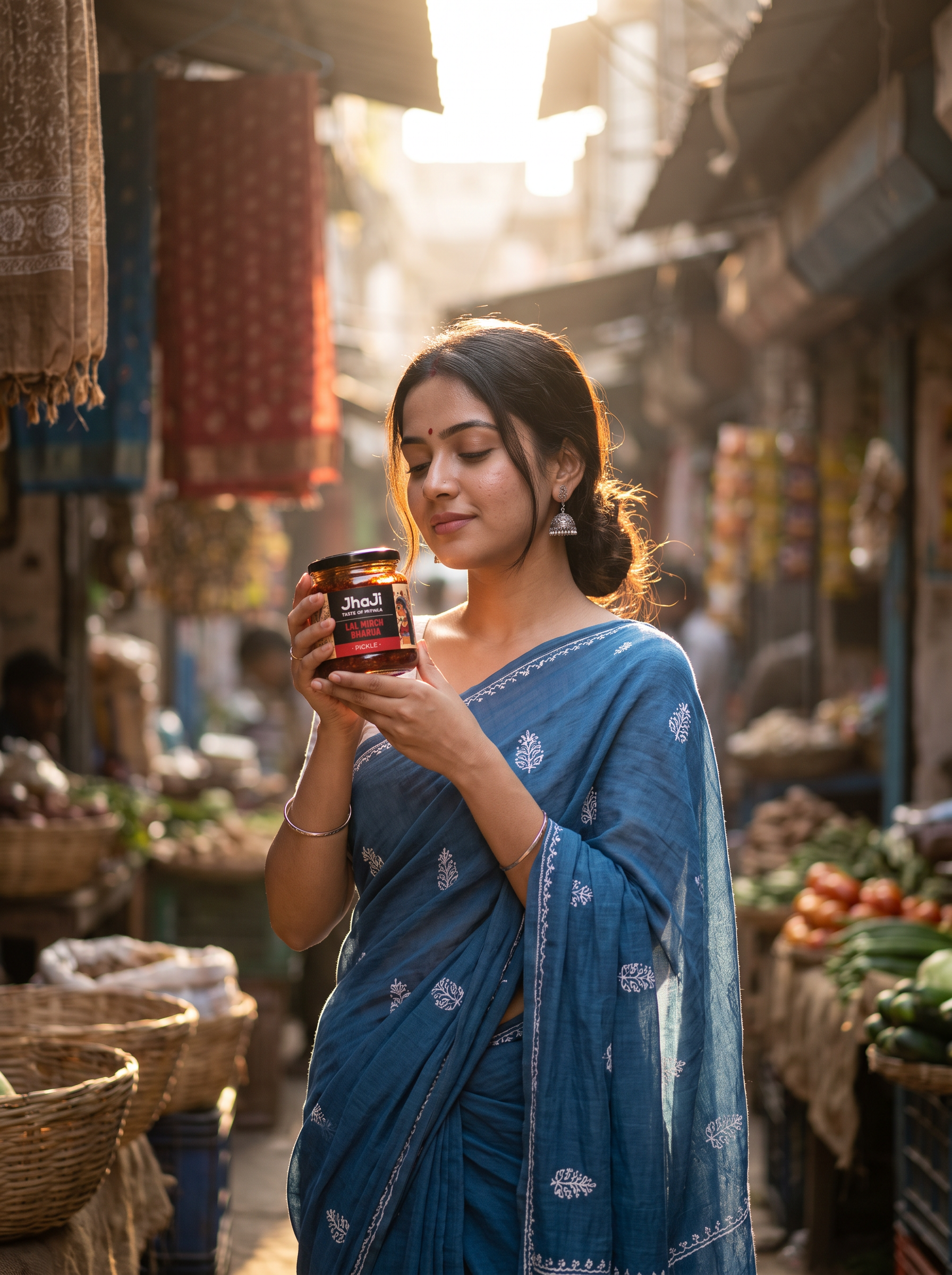 Woman in a blue saree holding a product jar in a sunlit market alley