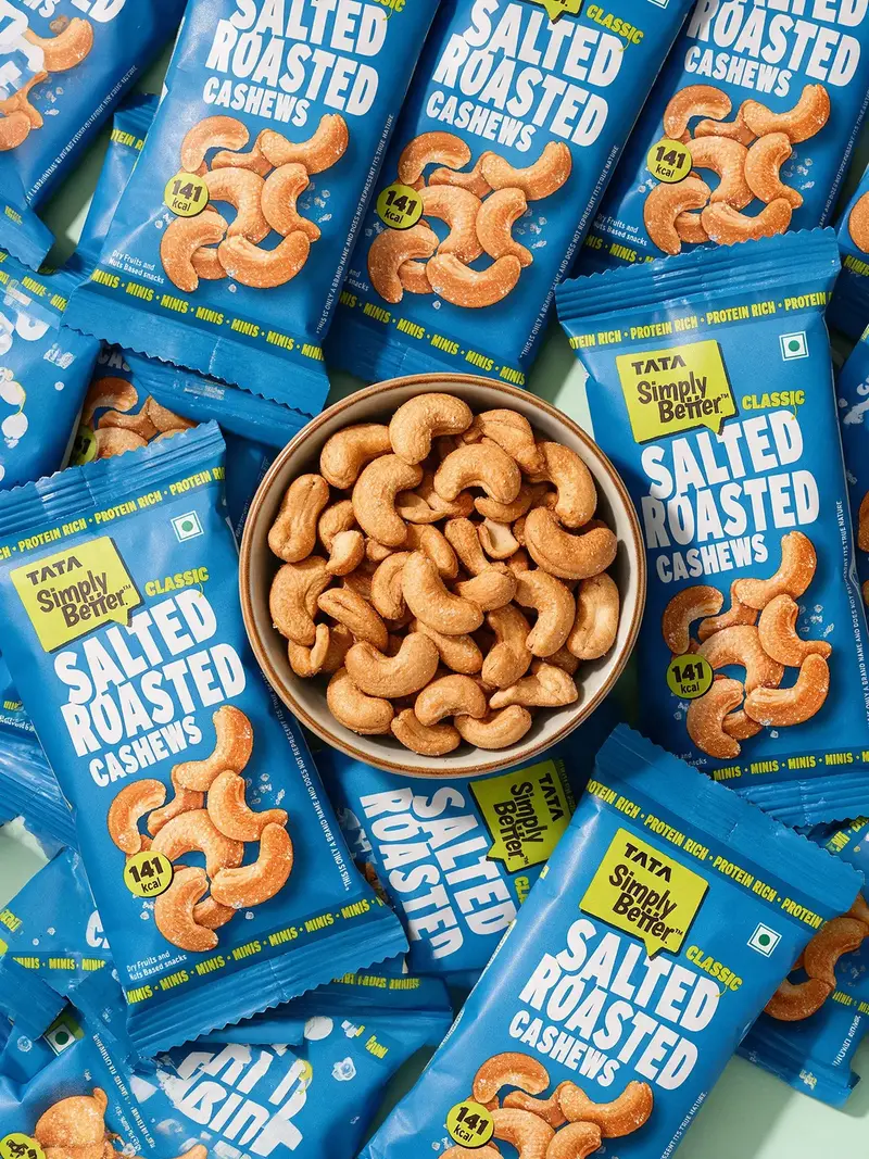 Overhead AI product photography flat lay with snack packets surrounding a serving bowl