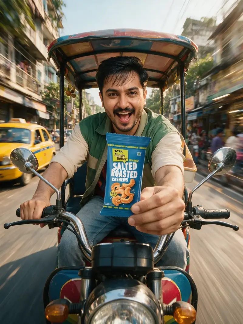 Lifestyle product advertisement featuring a creator riding a Kolkata electric toto