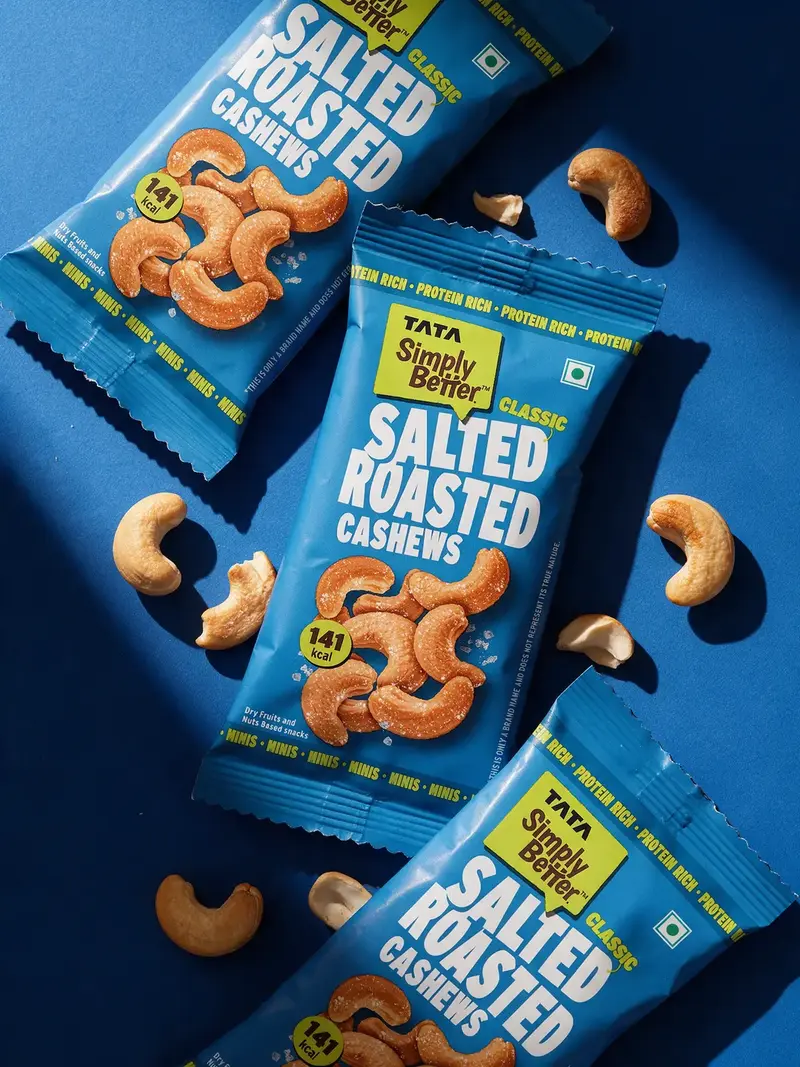 AI product campaign with snack packets arranged in a diagonal cascade