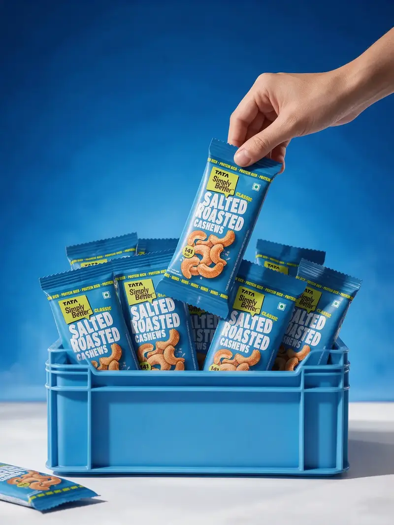Product range displayed upright inside a colourful storage crate