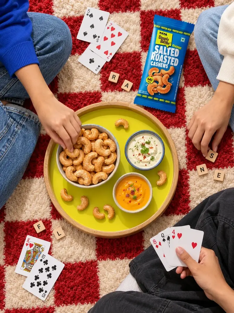 Overhead game-night product photograph with snacks, cards and hands
