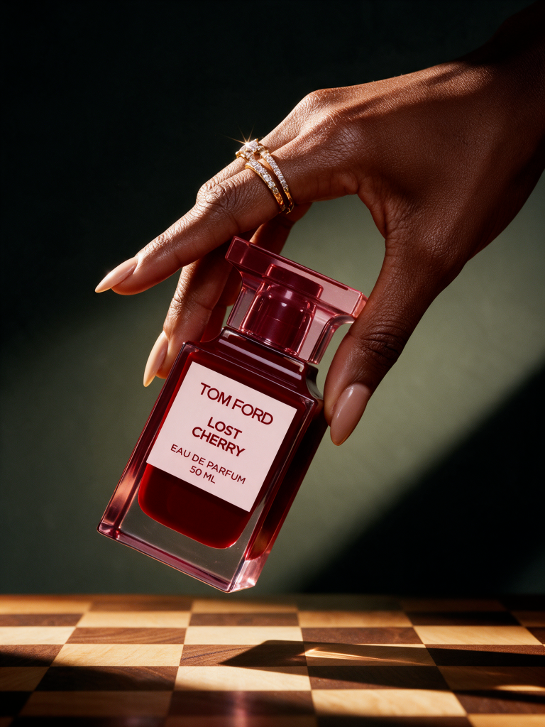 Luxury product replacement prompt pack featuring a perfume bottle held above a checkerboard