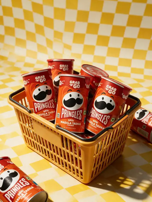 AI product photography prompt showing products in a retro yellow checkerboard shopping basket