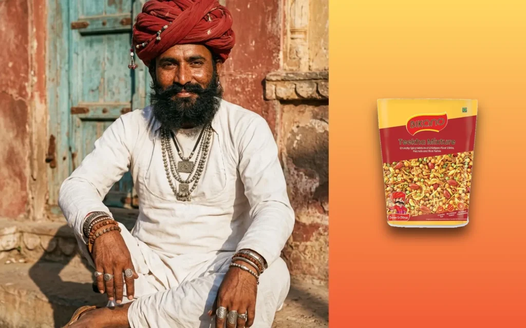 Bikano Teekha Mixture product with a Rajasthani model for AI product photography prompts