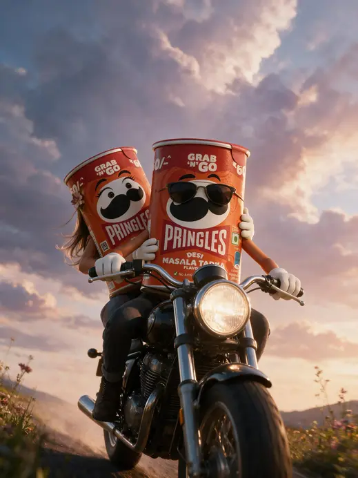 Cinematic anthropomorphic product characters riding a vintage motorcycle at sunset