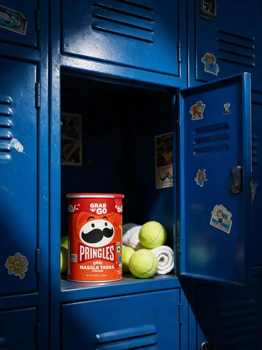 Cobalt-blue sports locker product campaign with tennis balls and spotlighted hero product