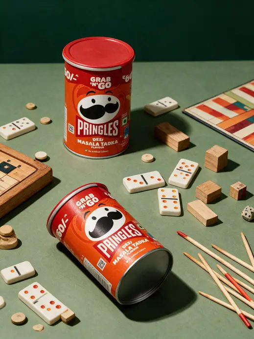 Green tabletop AI product ad with dominoes dice and retro board-game props