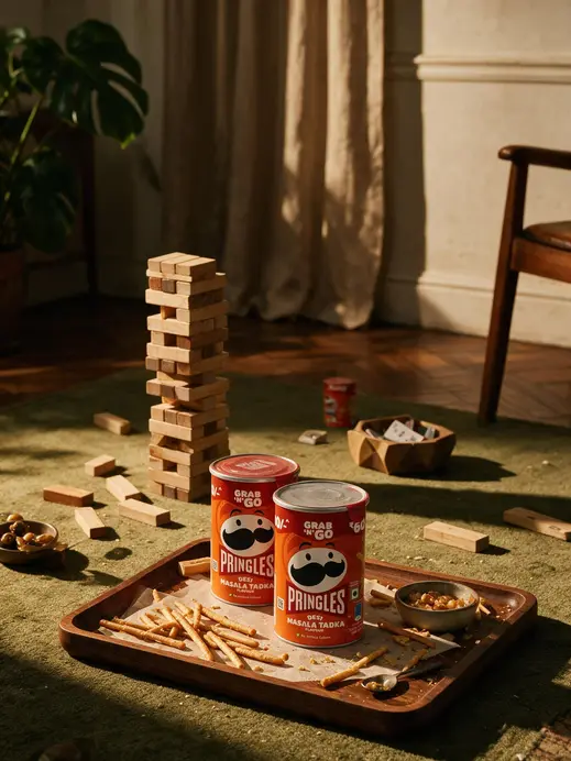 Warm game-night product photography with wooden block tower and olive carpet