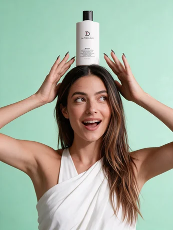 Woman balancing a haircare bottle on her head against a mint background
