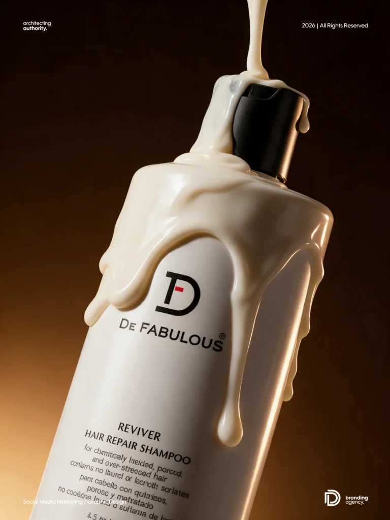 White haircare bottle coated with flowing ivory cream against a warm brown background