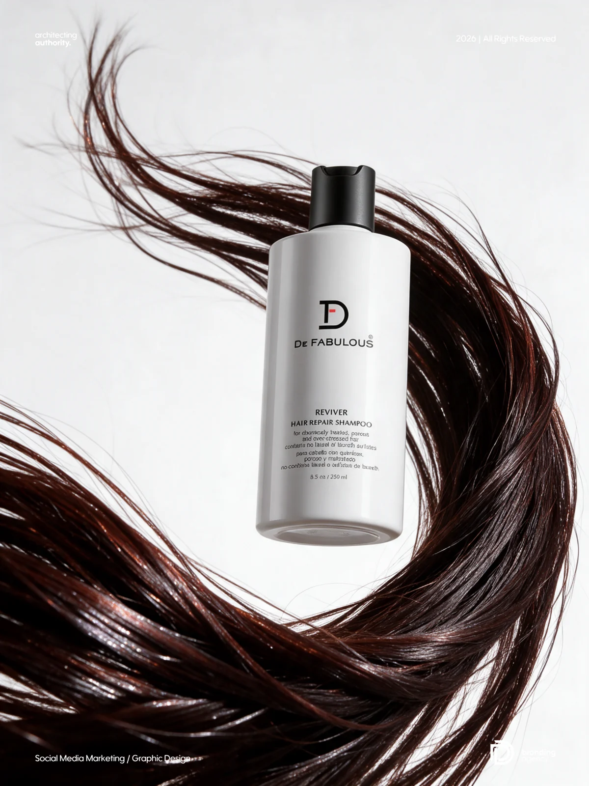 Upright white haircare bottle surrounded by flowing dark brown hair