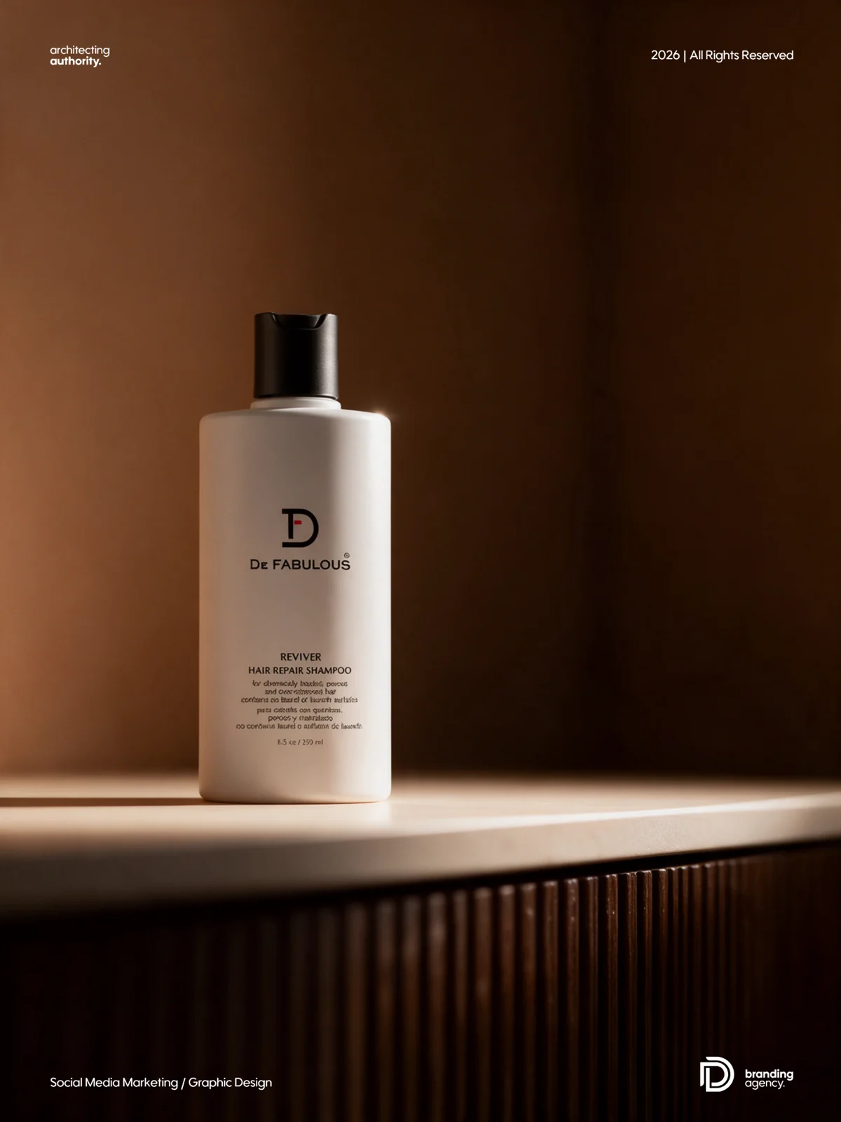 White haircare bottle on a beige countertop in warm directional light