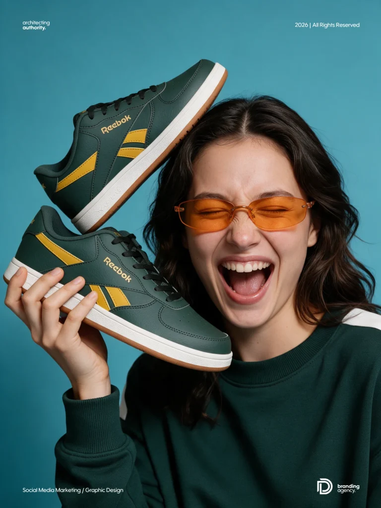 Playful footwear campaign portrait with a woman in orange sunglasses holding green sneakers against a teal studio backdrop